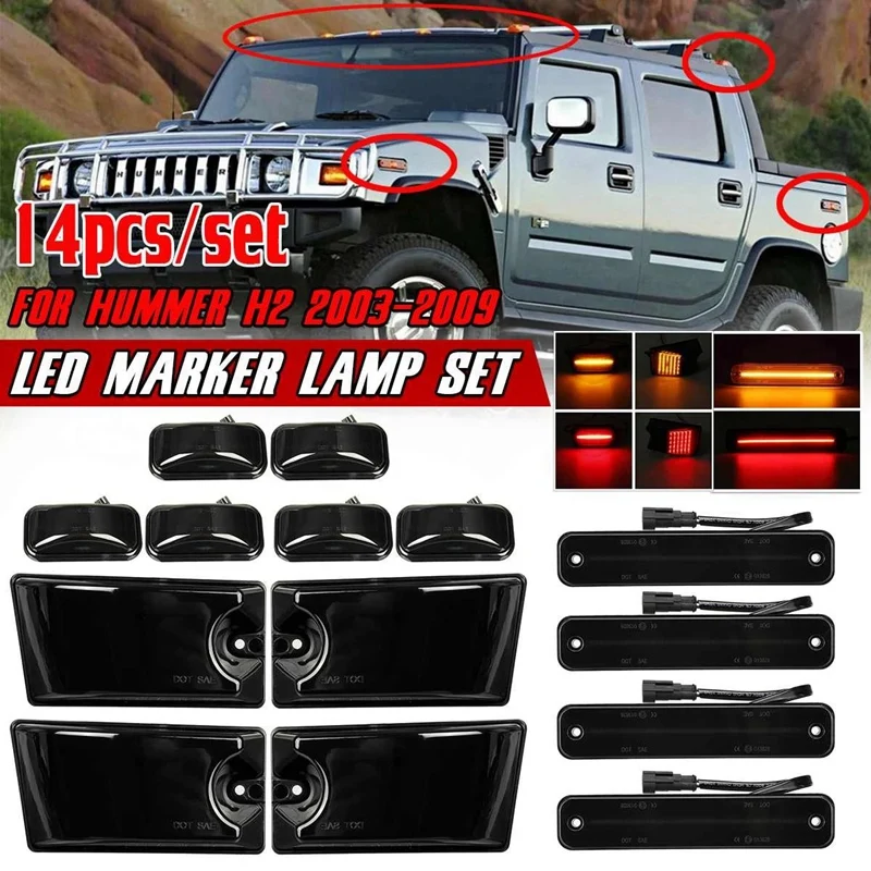 14X LED Side Marker Turn Signal Lights Kit for Hummer H2 2003 2009 Side Marker Repeater Cab Roof