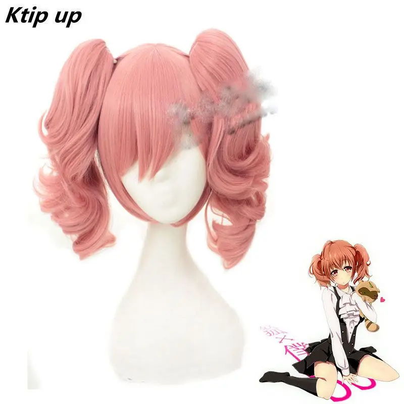 

Ktip Up Inu X Boku SS Roromiya Karuta Cosplay Wig With Two Chip Ponytails Halloween Party Pink Short Curly Synthetic Hair Wigs