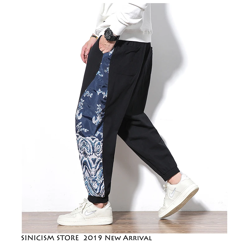 Sinicism Store, мужские свободные шаровары,, Осенние штаны в китайском стиле, мужские спортивные штаны с принтом сбоку, мужские лоскутные брюки, большие размеры