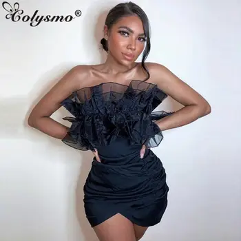 

Colysmo Ruffles Strapless Elegant Party Dress Women Black Backless Sexy Mini Summer Dress Ruched Bodycon Dresses Club Wear 2020