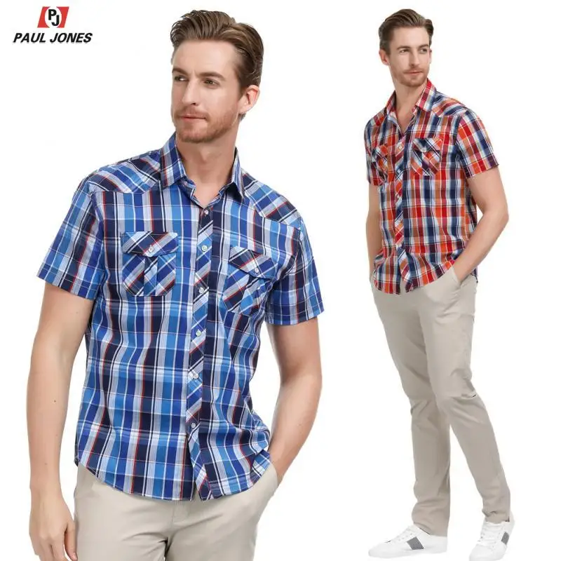 

PAUL JONES Men's Cotton Slim Fit Short Sleeve Plaid Shirt Casual Button Down Grid Shirts Square Collar Western Shirt Tops PJ0192