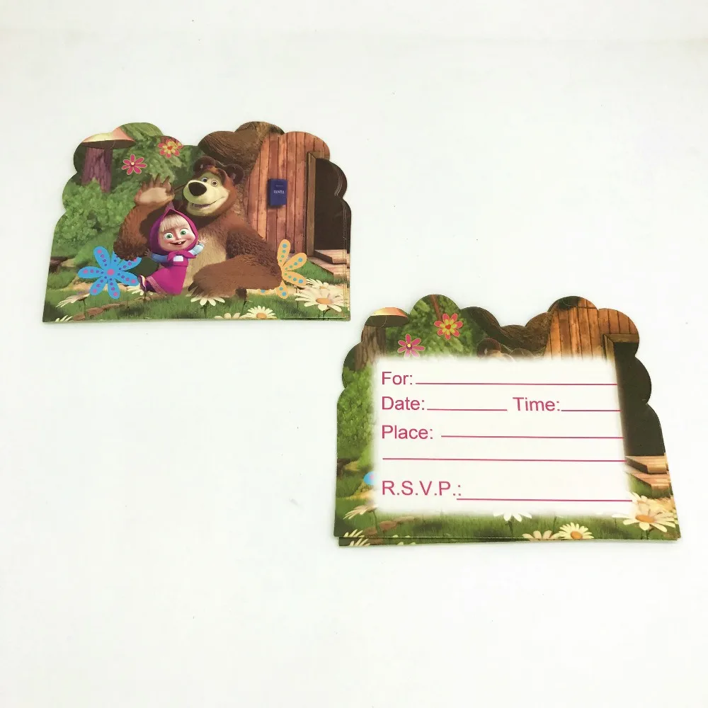 10 шт., розовые вечерние Пригласительные открытки с изображением Маши и медведя для маленьких мальчиков и девочек на день рождения, сувениры для гостей праздника