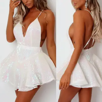 

Sexy Women Sequins Glitter Mini Dress New Deep V Neck Sleeveless Backless Party Club Dresses Spaghetti Strap Sparkly Beach Dress