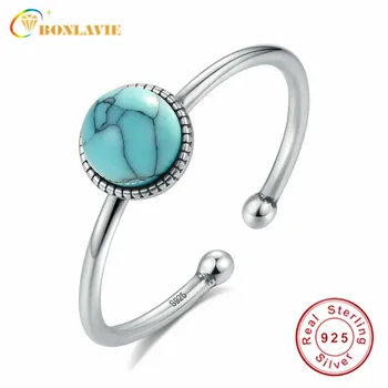 

BONLAVIE 925 Sterling Silver Blue Stone Ring Thai Silver Jewelry Opening Adjustable Size Ring Silver Inlaid Opal Ring for Women