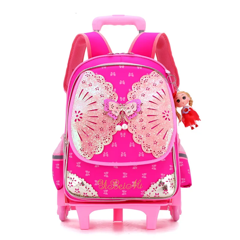 New Fashion Removable Children School Bags Waterproof for Girls Trolley Backpack Kids Wheel Bag Bookbag Travel Luggage Mochilas - Цвет: 6 wheels rose red