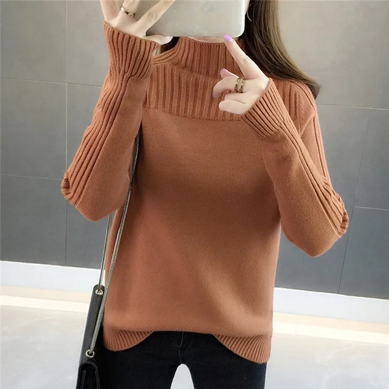 Модный женский вязаный свитер с высоким воротником Свободный джемпер длинным