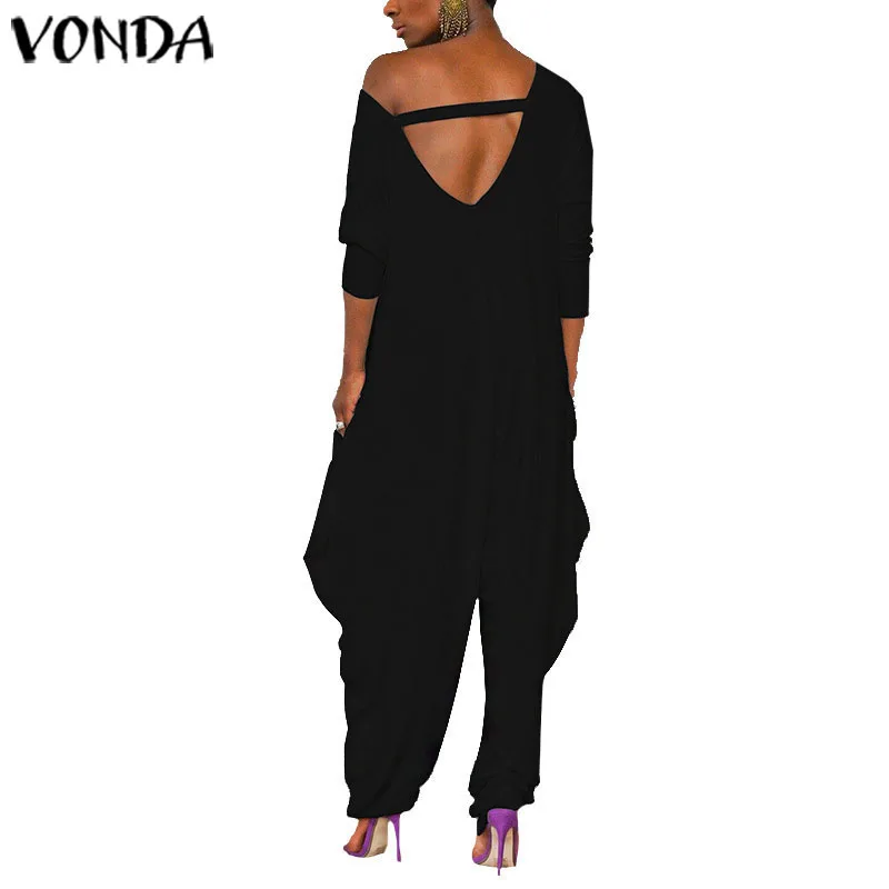 VONDA, модный осенний женский длинный сексуальный женский комбинезон, элегантный комбинезон с открытой спиной и коротким рукавом, женский комбинезон размера плюс s