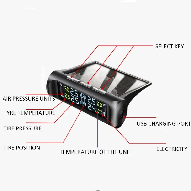 Солнечная Беспроводная TPMS автомобильная система контроля давления в шинах w/4 Внутренний датчик