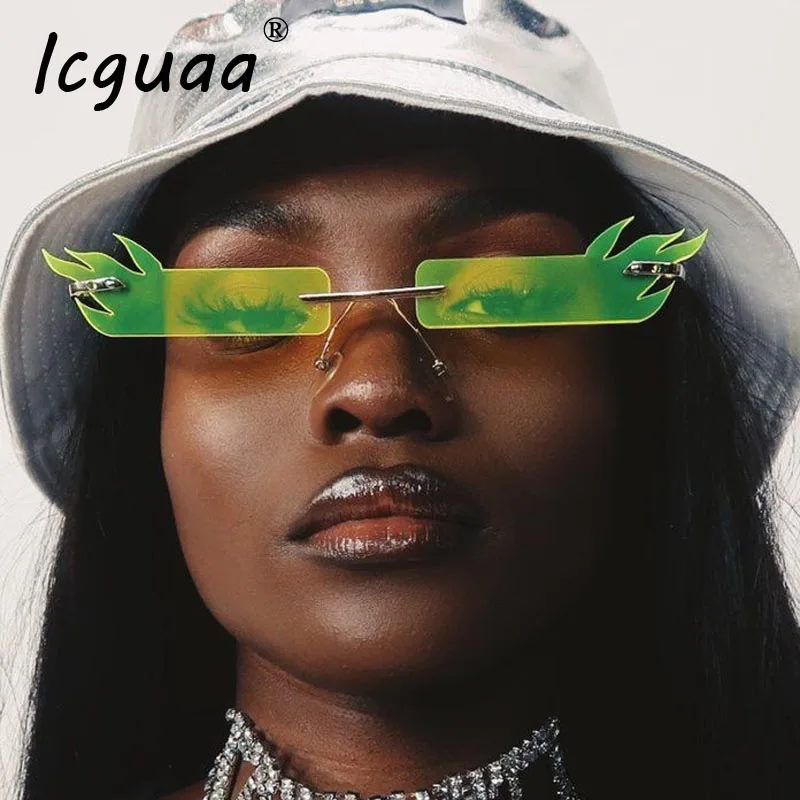 

Fashion Rimless Sunglasses Women 2020 Ocean color Fire Steampunk Sunglasses Men Frameless Punk Glasses Shades UV400 Oculos