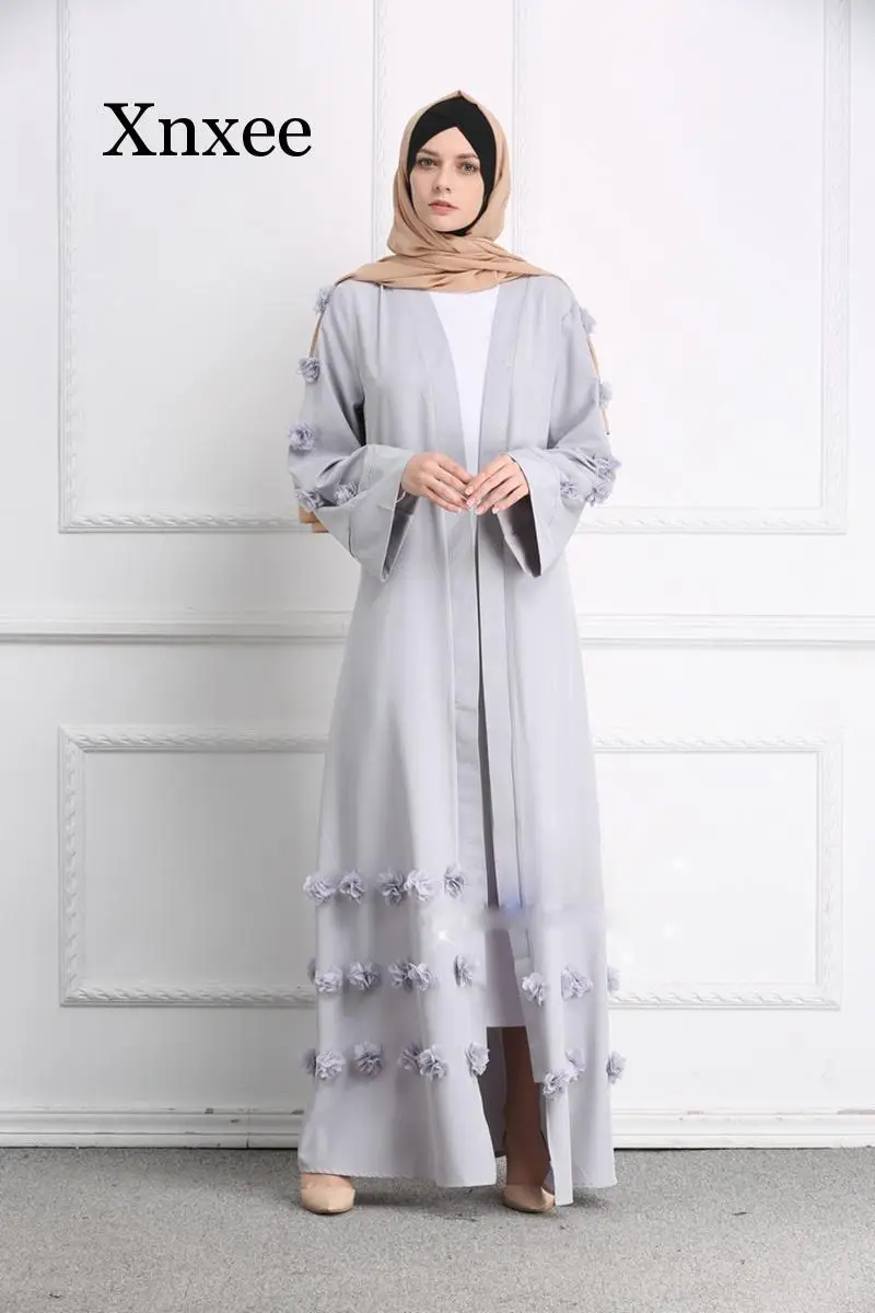 Flower Muslim Dress with Belt Women Dubai Abaya Black Robe Long Sleeve Elegant Design Maxi Dresses Clothes Female Ladies 3 Color