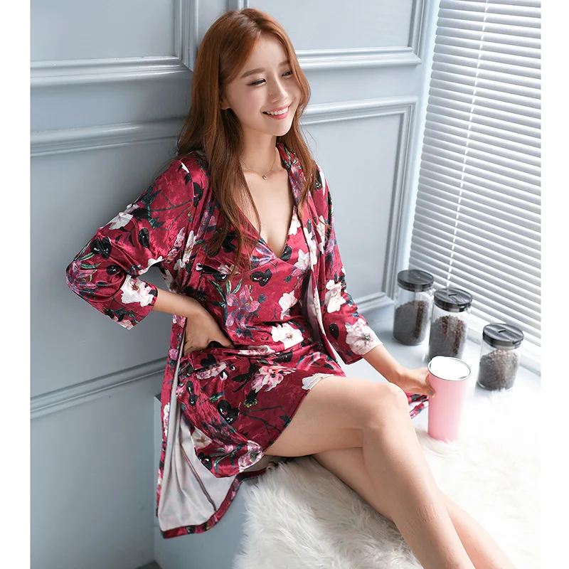 Sexy Womens Night Robe Strap Top Pajamas Suit Velour Two Piece Sleepwear Sets Casual Home Wear Nightwear Sleep Kimono Bath Gown