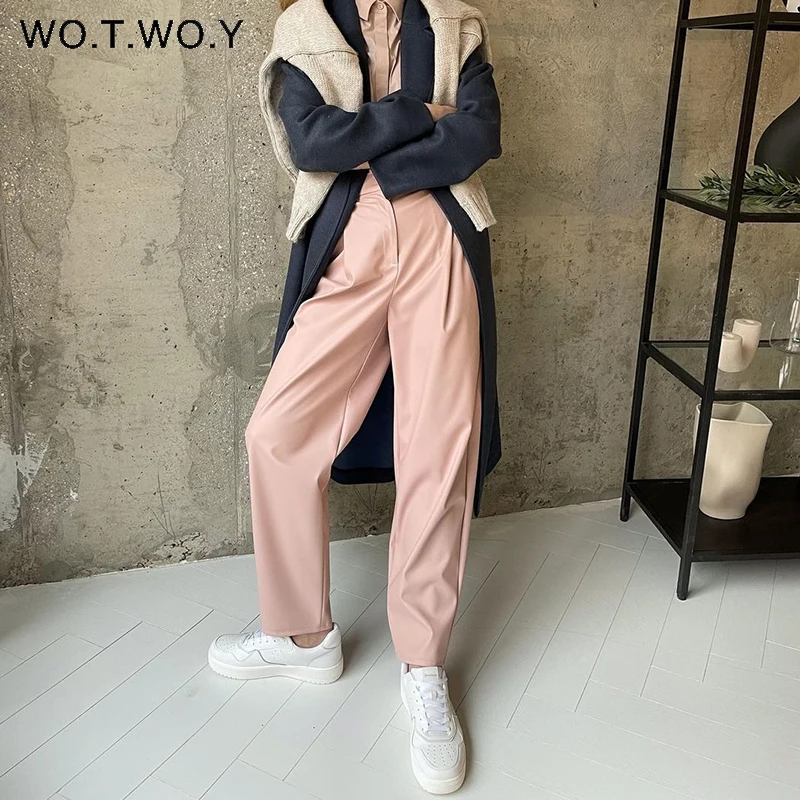 Женские кожаные брюки с высокой талией WOTWOY повседневные флисовые из