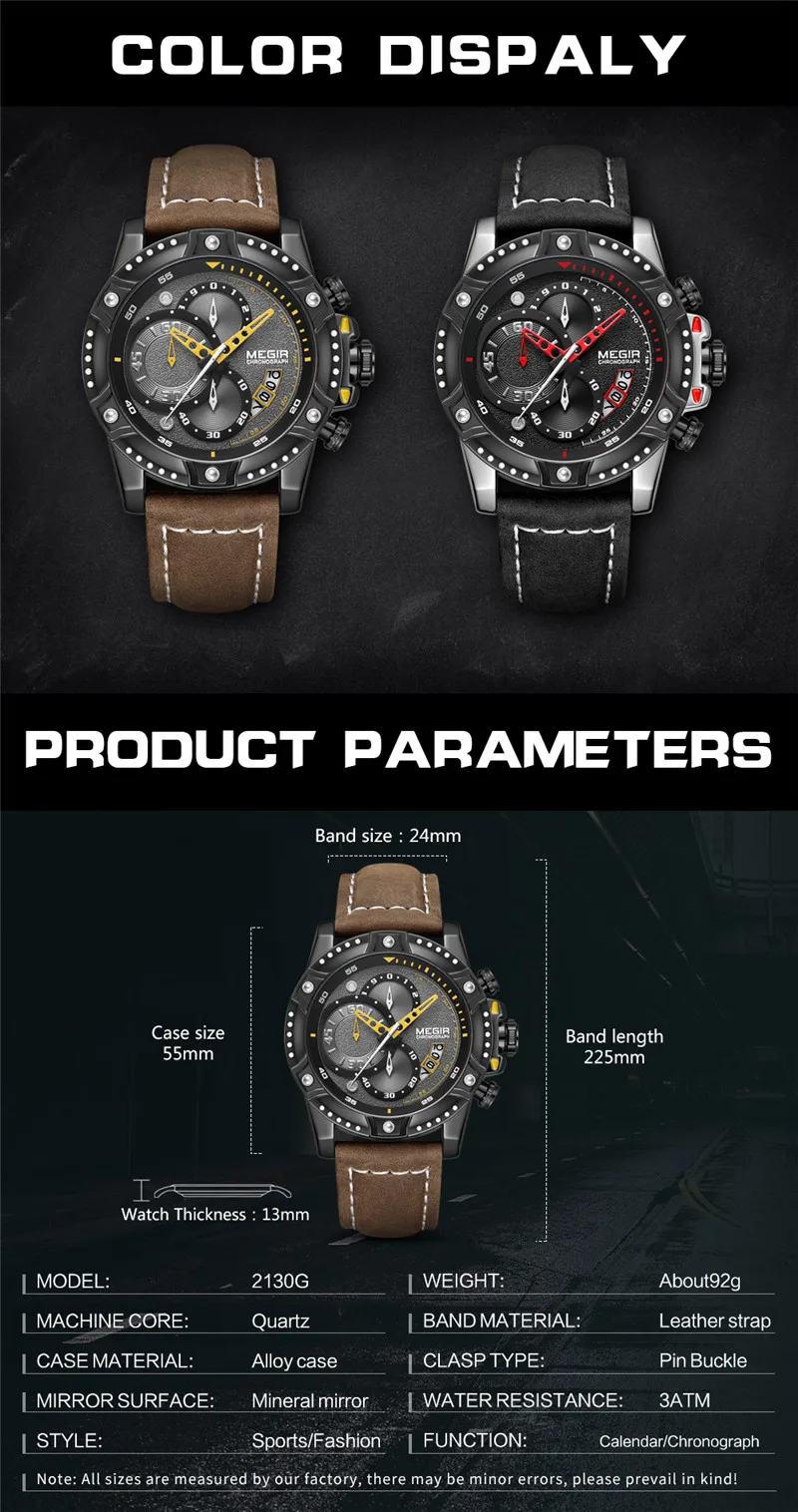 MEGIR мужские часы, хронограф военный 3D лицо мужские часы лучший бренд класса люкс из натуральной кожи ремешок бизнес человек спортивные наручные часы 2130