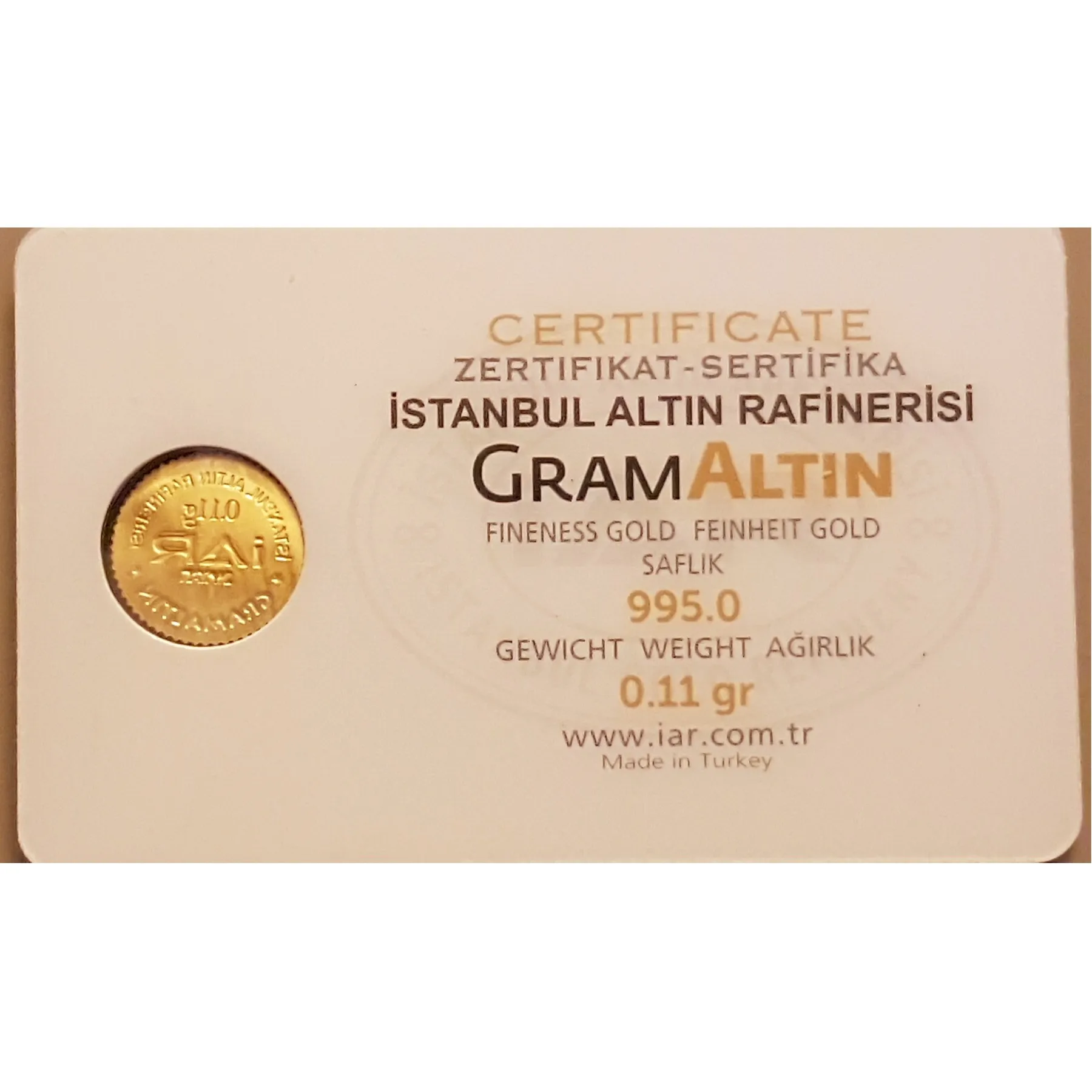 Сертификат IAR/IGR Gold Refinery 0 11 г золото 24 К. карат слиток золота. Для сбережений