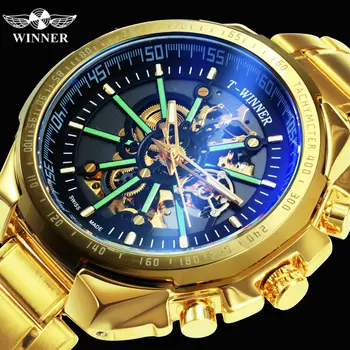 

WINNER Fashion Classic Automatic Mechanical Watch for Men Blue Mirror Skeleton Wristwatch Golden Stainless Steel Band Hour NEW
