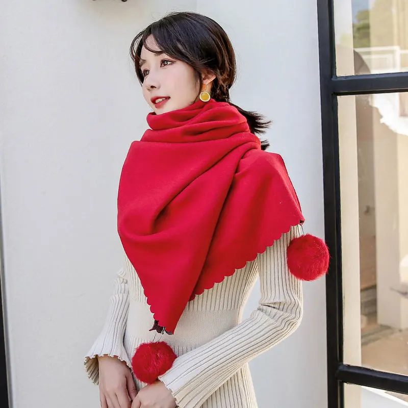 

Autumn Winter Cashmere Scarf Female Korean Cute Foulard Warm Scarves Solid Red Oversize Shawls Wraps With Ball Women Pashmina
