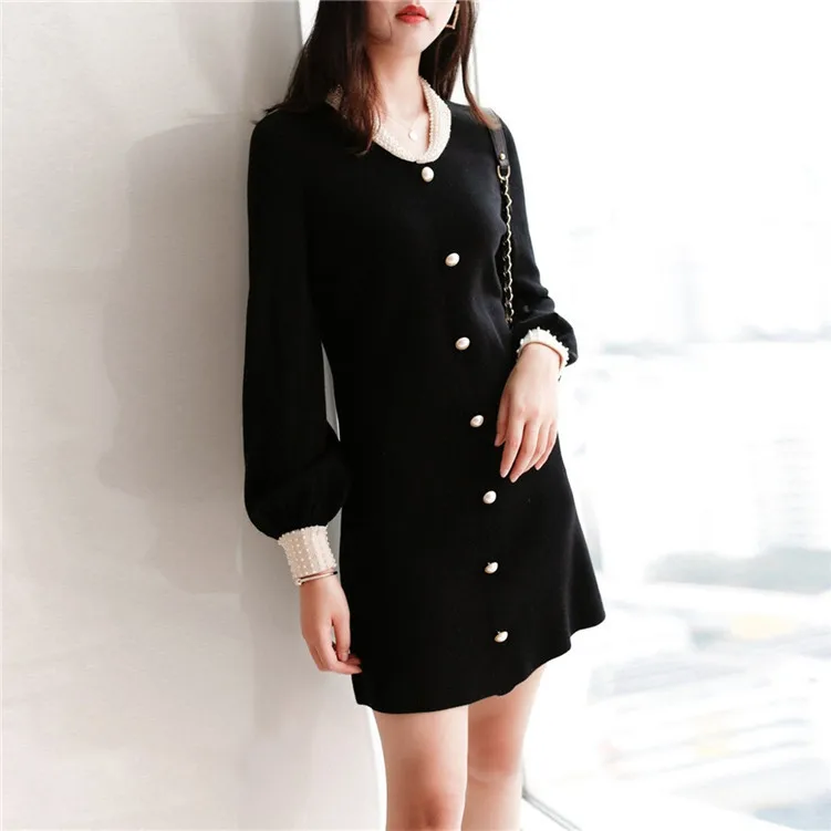 ^*Best Offers Chic Black Sweater Dress 2019 Autumn Winter Single Breasdted Turn Down Collar Pearls Beading Women Knitting Mini Dress ^*Best Offers Chic Black Sweater Dress 2019 Autumn Winter Single Breasdted Turn Down Collar Pearls Beading Women Knitting Mini Dress