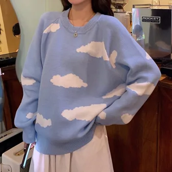 

2020 Autumn Winter New Long Sleeve Knitted Sweater Pullover Women Loose Slim Korean Pullover Soft Milk Blue Ins Hot Cute Sweater