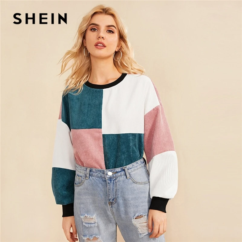 SHEIN с контрастным воротником и манжетами цветная рубашка Женский пуловер осень с разрезом и шьем Зимние Повседневные вельветовые толстовки
