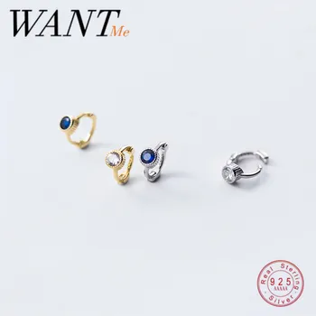 

WANTME Real 925 Sterling Silver Mini Small Blue White Zircon Round Ear Buckle for Fashion Women Korean Wedding Jewelry Earrings