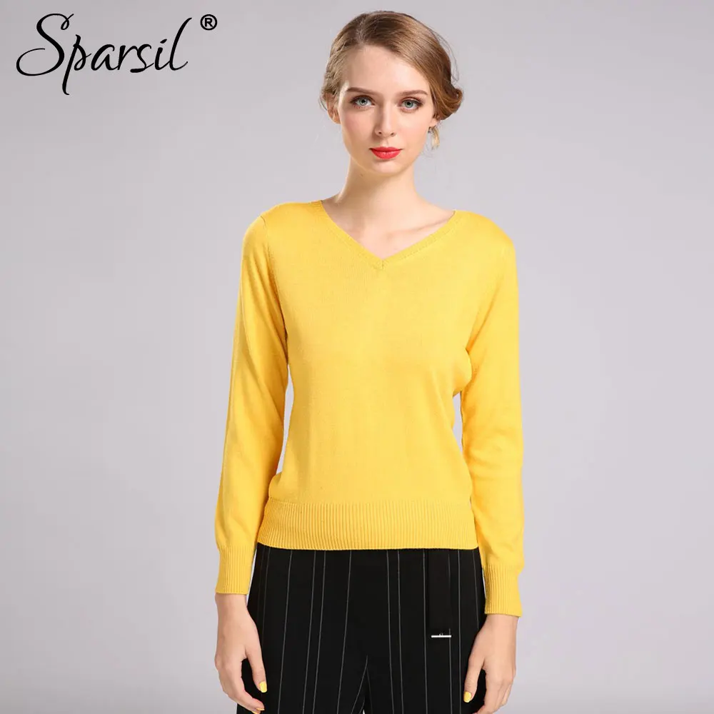 Sparsil, женский осенний зимний кашемировый свитер, пуловер с вырезом в виде буквы V, длинный рукав, джемперы, Женский вязаный свитер, 16 цветов, S-XXL - Цвет: yellow