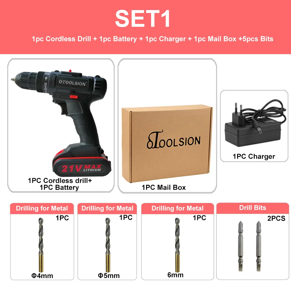 SET1 (1 pc battery) 2 скорости 21 в перезаряжаемая отвертка Беспроводная отвертка Электроинструмент электрическая отвертка дрель Беспроводная+ дрель аксессуары - Цвет: SET1 (1 pc battery)