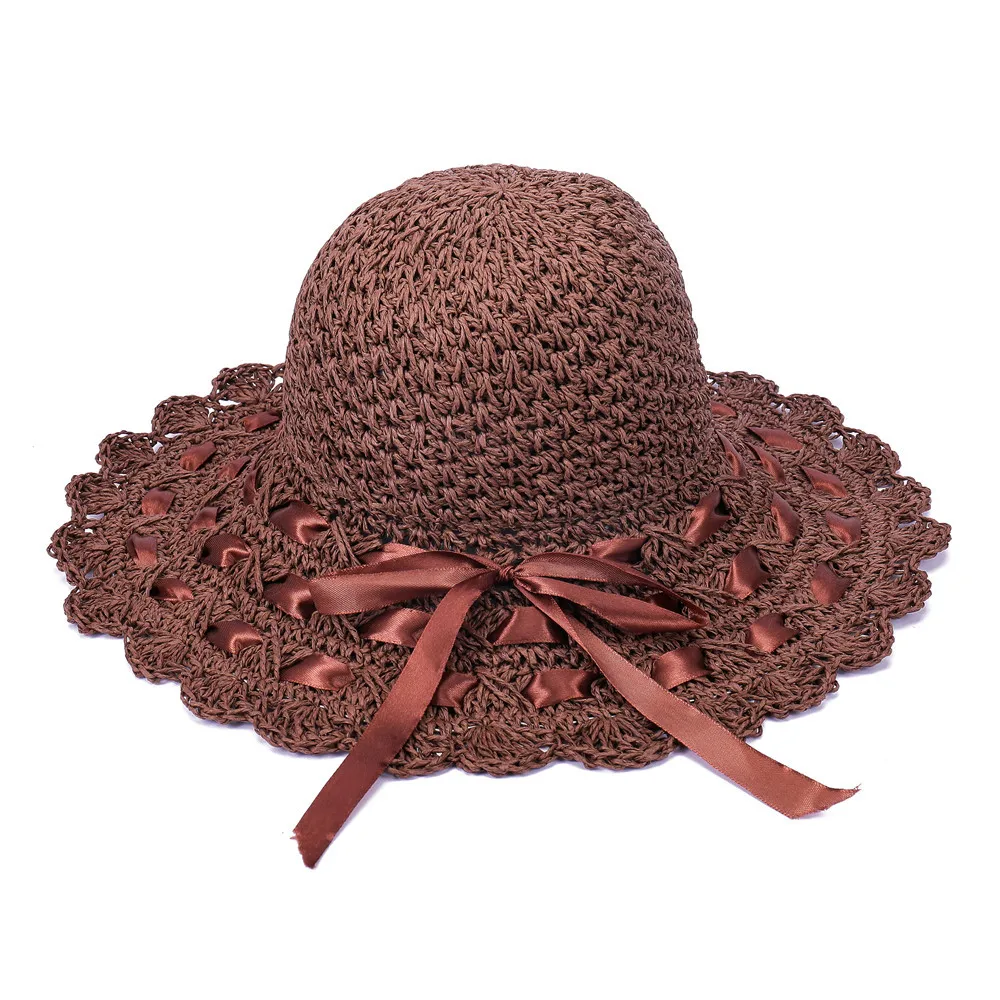 Dark Brown Новая соломенная шляпа из чистого кружева с бантом из ленты весна-лето - Цвет: Dark Brown