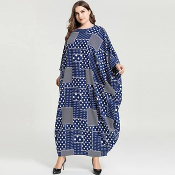 

Siskakia Casual Muslim Arabian Abaya Dress Oversize Blue Fashion Geometric Dot Print Bat Long Sleeve Dressing Gowns 2020 Female