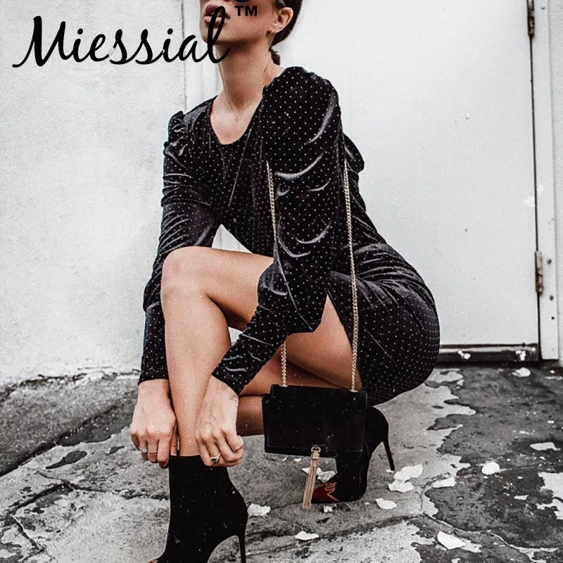 Miessial бархатное винтажное платье в горошек, Осеннее элегантное мини-платье с длинным рукавом и открытой спиной, женские вечерние сексуальные Клубные платья бодикон