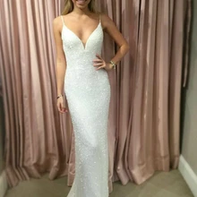 White Evening Dress VKBRIDAL Sparkly Sequin Spaghetti Straps Backless Long Mermaid Prom Formal Gown robe de soiree
