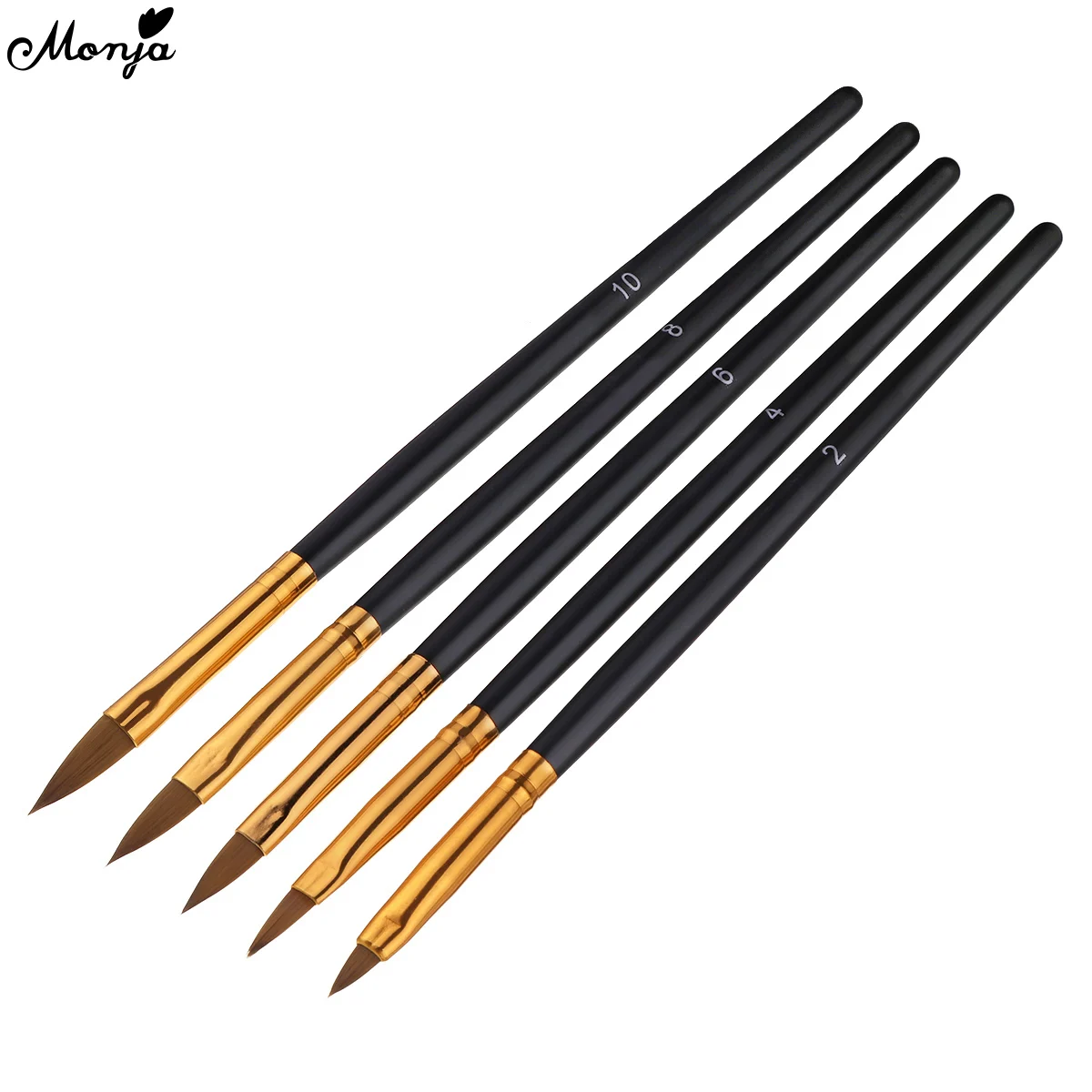 Monja 5Pcs/Set Nail Art Acrylic Liquid Powder Carving Painting Brush Black Wooden Handle UV Gel Extension Builder Drawing Pen