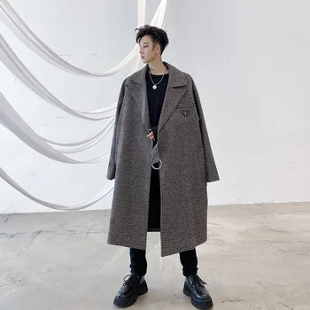 

Male Streetwear Long Jacket Cardigan Overcoat Men Oblique Button Loose Casual Vintage Wool Thicken Plaid Trench Coat Outerwear