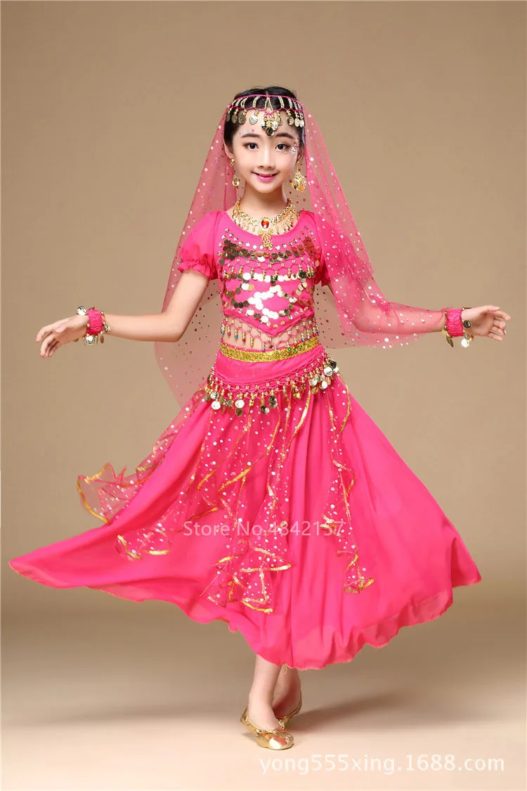 5 Colors Children's Day Belly Dance Stage Performance Baby Girl Kid Suit Oriental Indian Sequin Belly Costume Top Skirt Costume