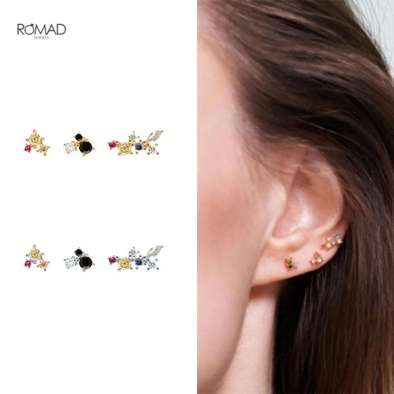 

ROMAD 3 Pcs/Set Colorful Zircon Stud Earrings for Women Exquisite Geometric 925 Sterling Silver Earrings Fine Jewelry kolczyki