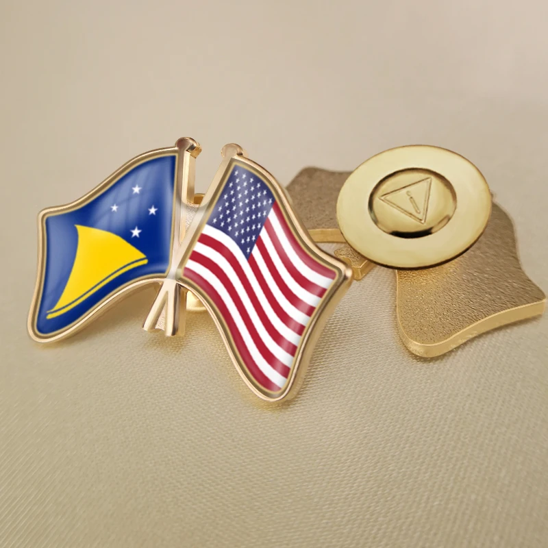 United States and Tokelau Crossed Double Friendship Flags Lapel Pins Brooch Badges