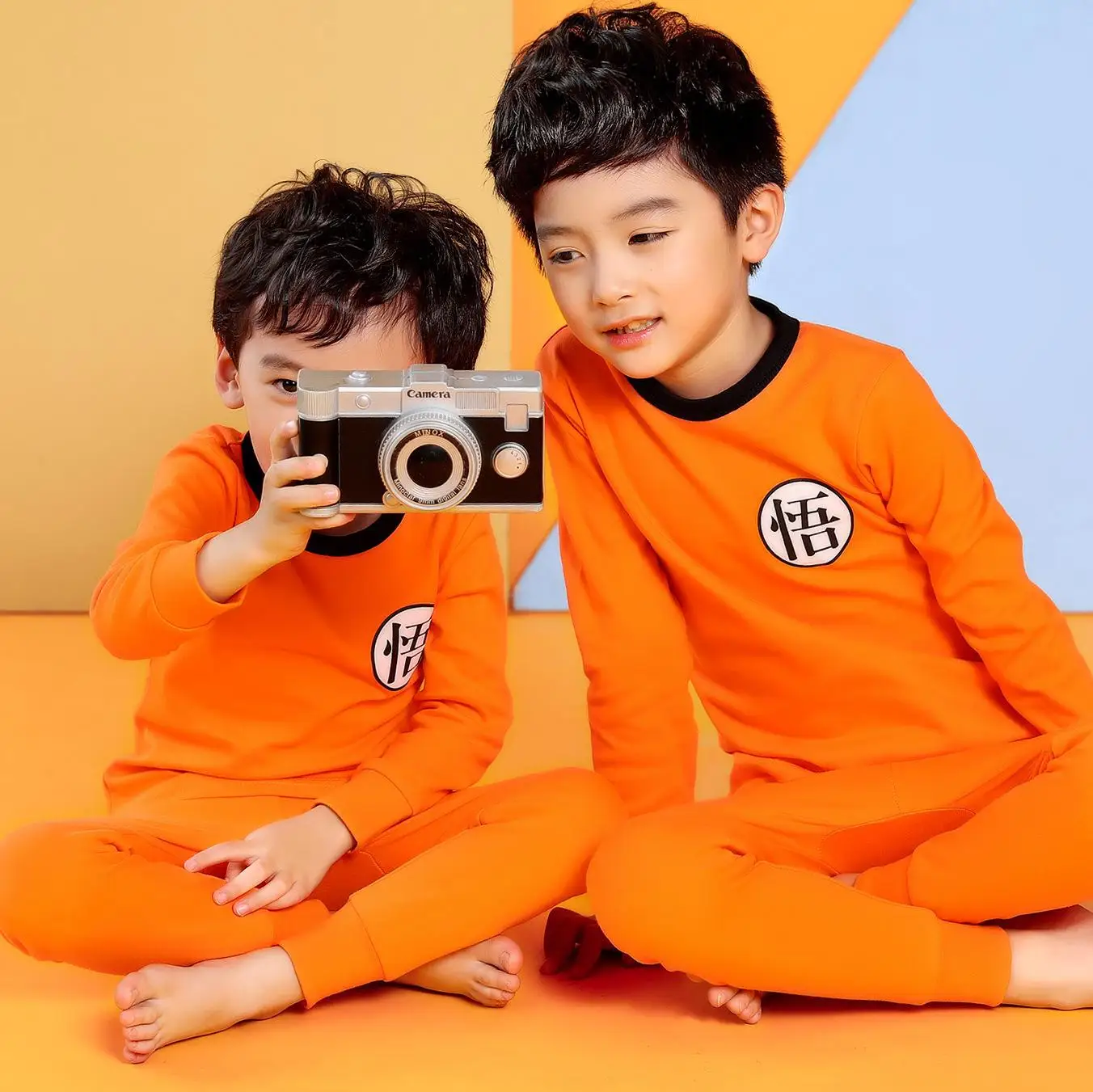 Пижамный костюм для мальчиков и девочек хлопковая Домашняя одежда с длинными рукавами комплект для сна ночная рубашка с мультяшным принтом, детская одежда для сна, Пижамный костюм - Цвет: Orange