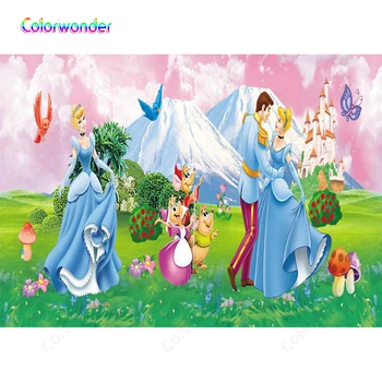 

Fairy Tale World Pink Clouds Photography Cinderella Dancing with Prince Baby Mice Ancient Castle Spring Garden Birthday Backdrop