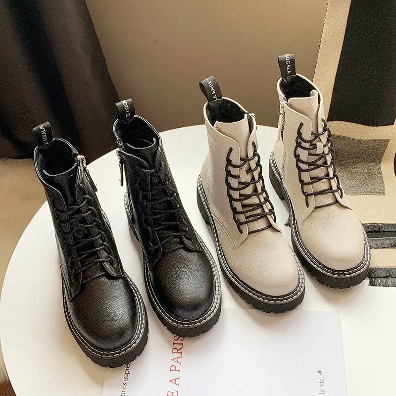 

Brand Women's Shoes Low Heels booties Round Toe Mid-Calf Boots Lace Up Bootee Woman 2019 Booties Ladies Fashion Mid Calf Rock