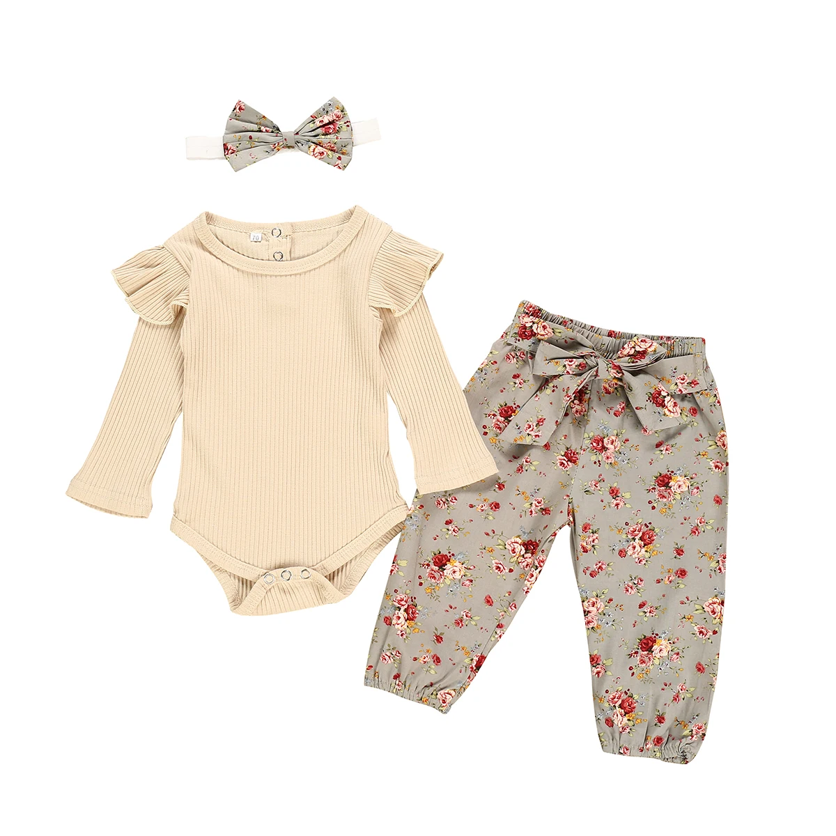Комплект одежды для новорожденных девочек, однотонный комбинезон с длинными рукавами+ штаны с цветочным принтом+ повязка на голову с бантом, комплект одежды для младенцев из 3 предметов - Цвет: Khaki