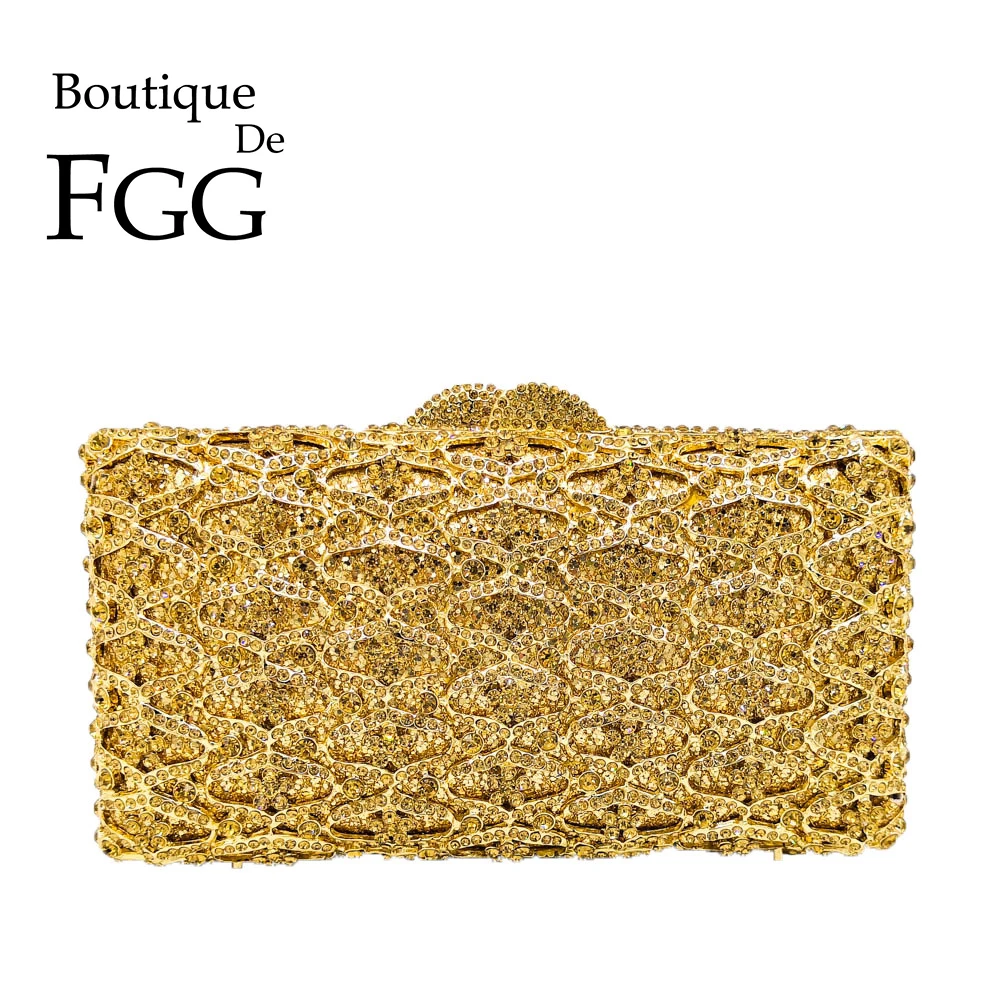 

Boutique De FGG Hollow Out Women Gold Evening Bags Crystal Clutch Handbags and Purses Wedding Gala Dinner Ladies Minaudiere Bag