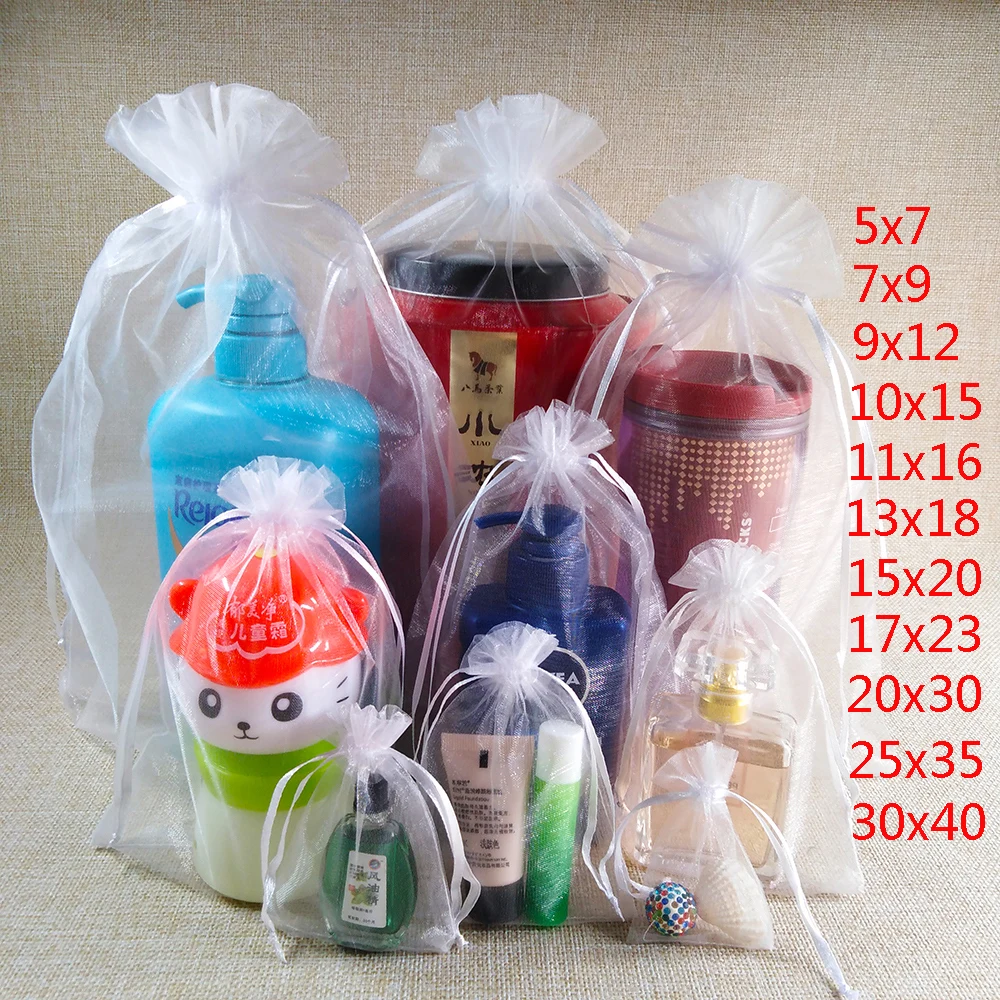 100 шт. Drawstring Органзы Сумки 5x7 7x9 9x12 10x15 13x18 15x20 17x23 20x30 25x35 30x40 см День Рождения Рождественский Подарок Упаковка Ювелирных Изделий Сумки Коробка Свадебная Вечеринка Подарочная Сумка Коробка
