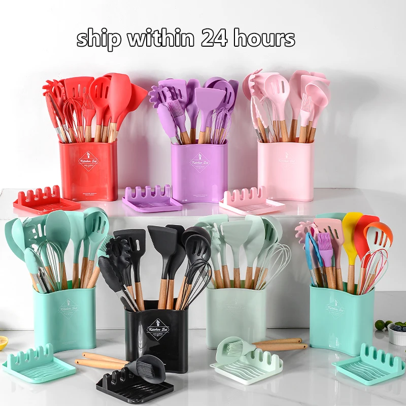 Silicone Cooking Utensils Set Non-Stick Spatula Shovel Wooden Handle  Cooking Tools Set With Storage Box Kitchen Tool Accessories