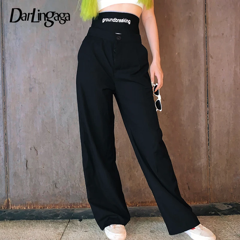 

Darlingaga Fashion Chic Wide Leg Pants Patchwork Letter Print Trousers Baggy Elastic High Waist Pants Women Sweatpants Pantalon