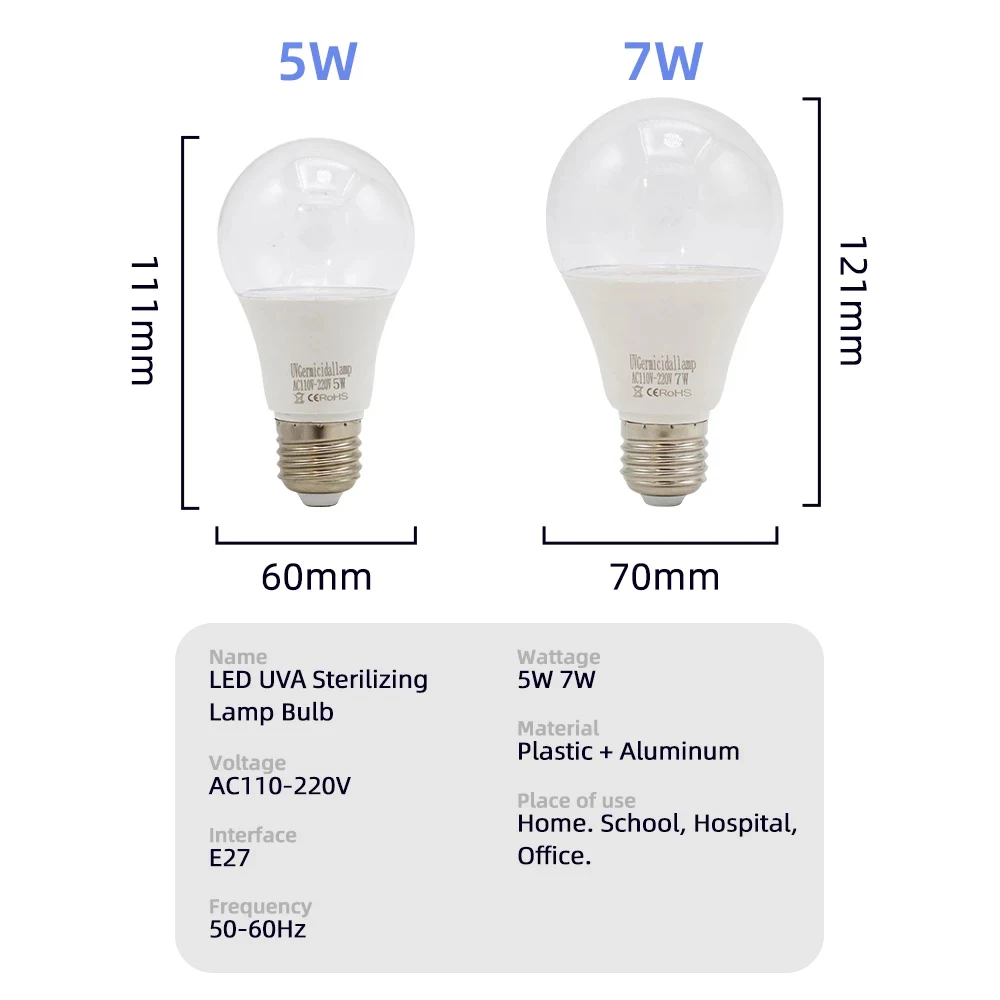 AC110-220V SMD 5730 LED UVA Lamp Bulbs 5W 7W Ultraviolet Desinfection Bulbs E27 UV LED Germicidal Lights UV Sterilizer