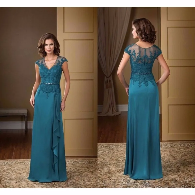 

Elegant V Neck Cap Sleeve Mother of the Bride Dresses Chiffon Appliques Mother Gown Plus Size 2019