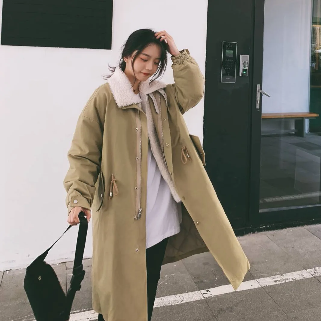 

Photo Shoot CHIC Lambs Wool Joint Mock Two-Piece Long Handsome BF Stand Collar Drawstring Waist Hugging Pike Workwear Cotton Coa