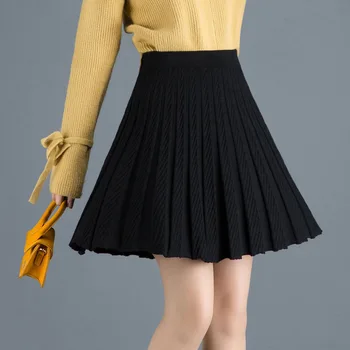 

NIGRITY Knitted Pleated Mini Skirts Women 2019 Spring Autumn Casual Ladies Elastic High Waist Korean A Line Skirt Female