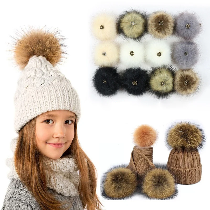 2pcs Fluffy Faux Fur 12cm Ball with Press Button for Baby Girl Pompoms Beanie Hat Accessories Press Stud Ball