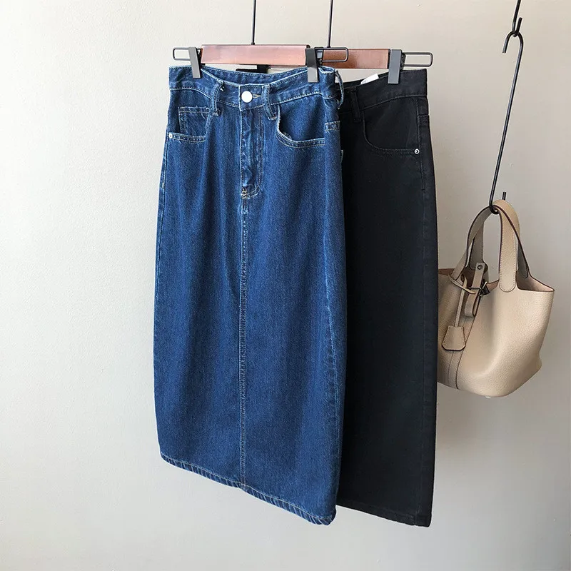 

MyZyQg Fall Korean A Line Denim Skirts Women Retro High Waist Sexy Vintage Over The Knee Split Hip Skirt Casual Clothes