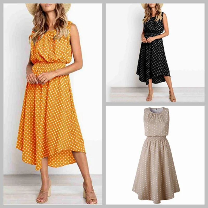

Hot Selling WOMEN'S Dress Europe And America Versitile Fashion Polka Dot Printed Dress Crew Neck Sleeveless Dress De0356